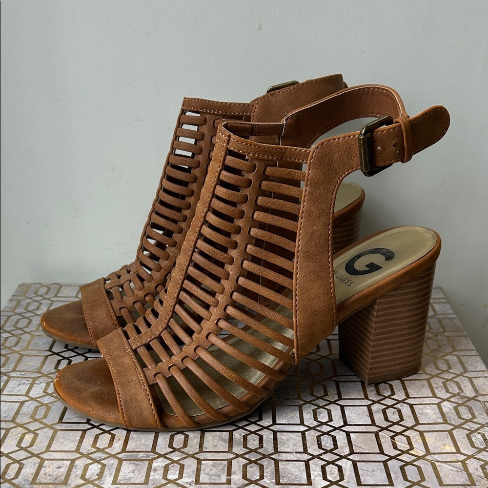 Guess Faux Leather Caged Peep Toe Slingback Heels Women's size 7
